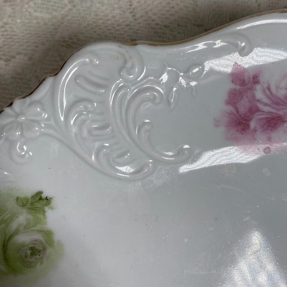 Vintage Hermann Ohme Élyseé Oval Platter- Pink & Green Underglaze Roses On White - Picture 5 of 8